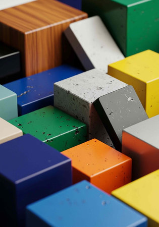 A close-up of multicolored cubes with different textures, including wood, stone, and smooth surfaces