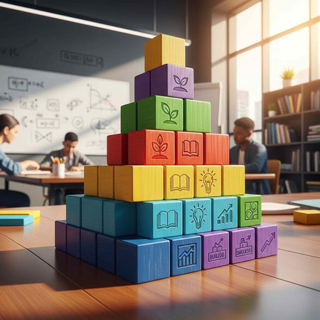 Pyramid of colorful blocks with icons on a table in a classroom with studentsの写真素材