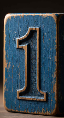 Weathered blue wooden block with carved number one and worn edges on a dark background