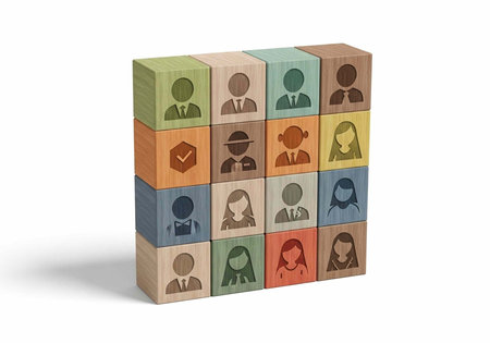 A 3D cube of wooden blocks featuring various human icons and symbols in different colorsの写真素材