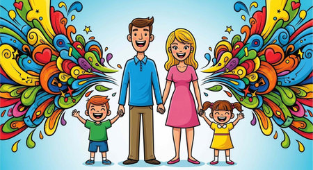 Cartoon family of four with colorful swirls and hearts on a blue backgroundの写真素材