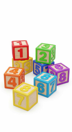 Multicolored blocks with numbers stacked and scattered on a white background for educational...