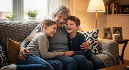 Smiling grandmother hugs two kids on a textured sofa with colorful pillows in a warm living room...