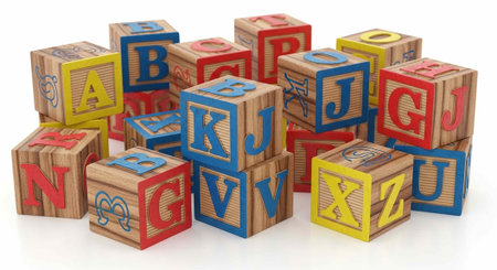 Stack of wooden blocks with letters and colorful designs on a white background