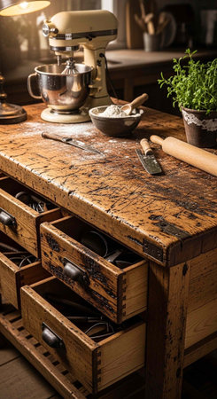 Wooden kitchen island with drawers, baking tools, mixer, and ingredients on countertop