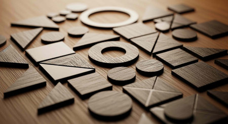 Various wooden shapes, including circles, squares, and triangles, scattered on a wooden table