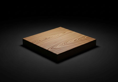 A light brown wooden square platform with visible wood grain on a dark background