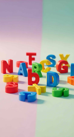 Multicolored foam letters and blocks on pastel pink and green background, learning toolの写真素材