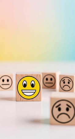 A smiling emoticon on a wooden block stands out among neutral and sad faces on similar blocksの写真素材