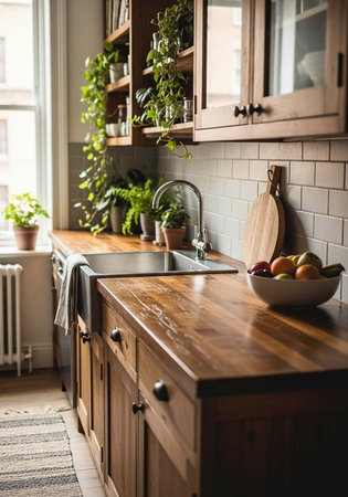 A modern kitchen with wooden cabinets and a bowl of fruit on the countertop near a windowの写真素材
