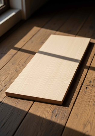 A light-colored wooden plank lies on a darker wooden floor with sunlight streaming through a window.
