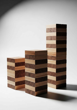 Three wooden block towers stacked high on a white surface with a gray background