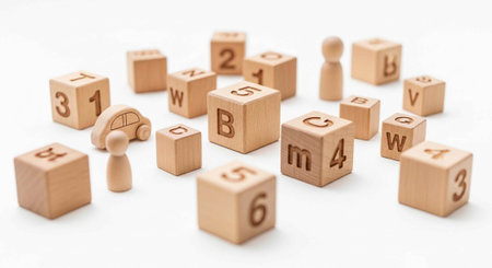 A collection of wooden blocks with letters and numbers on a white background for learning and...