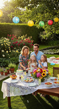 A happy family enjoying a meal together in a beautiful garden on a sunny day with flowers and lanternsの写真素材