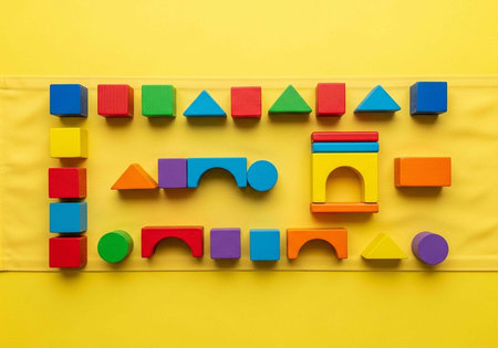 A colorful arrangement of wooden blocks and shapes on a bright yellow background for learning and...