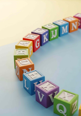 Vibrant wooden blocks with white letters on a blue background, forming a curved shape