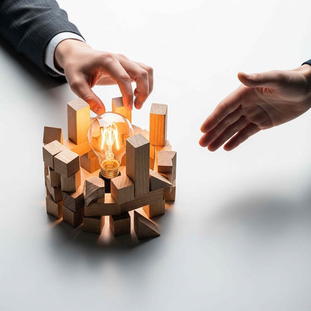 Two hands interacting with wooden blocks and illuminated lightbulb on white surface