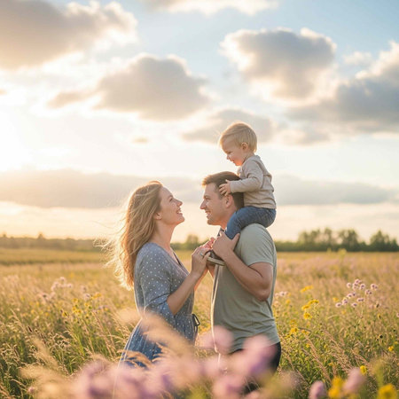 Family of three smiling and interacting in a field of tall grass and wildflowers