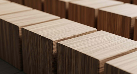 Rows of wooden blocks with varying light and dark brown wood grain textures and patterns.