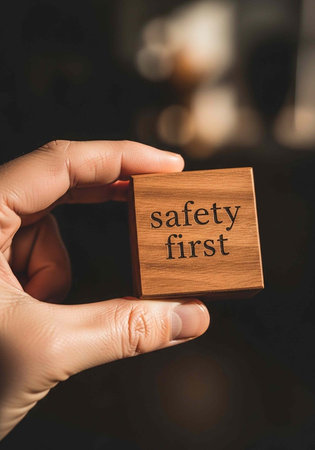 Close-up of hand holding wooden block with safety first words