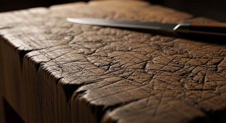 Old leather with visible cracks and knife placed on top, dark background