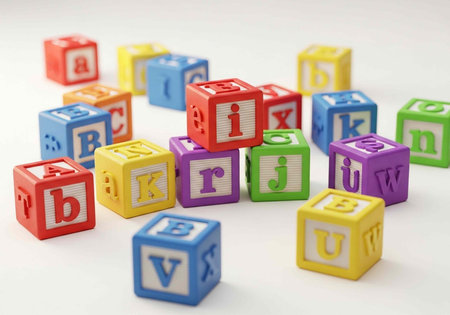 Multicolored wooden blocks with letters on them scattered on a plain white surface