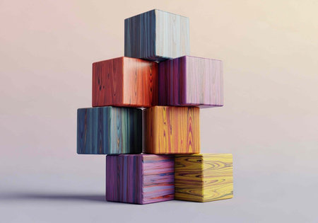A stack of multicolored wooden blocks in various textures and hues on a light gray surface