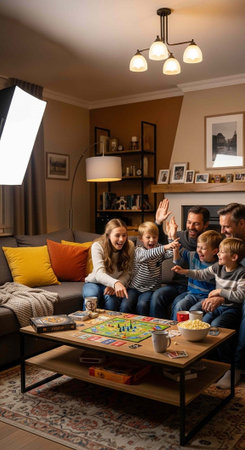 Family of six sitting on couch and chairs, playing board game, smiling, and having fun together...