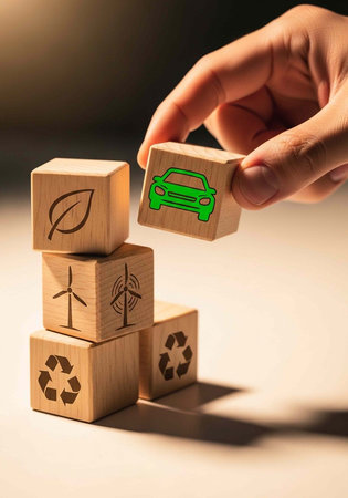Wooden blocks with eco symbols and hand placing green car block on top