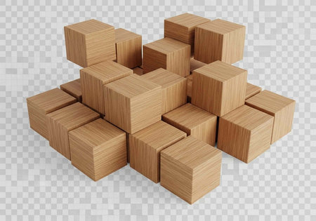 A collection of light brown wooden blocks arranged in a puzzle shape
