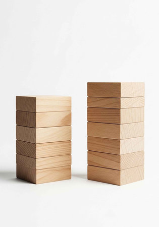 Two stacks of wooden blocks, different heights, on white surface
