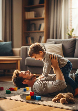 Man lying on rug with toddler on his chest, surrounded by blocks and stuffed animal