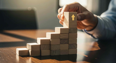 Hand placing wooden block with yellow arrow on top of staircase structure