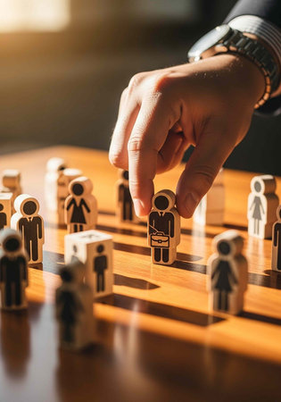 Hand placing wooden figure on board with other human figures, strategy and teamwork concept