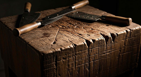 Three sharp knives and a cleaver on a worn wooden block, highlighting textures and toolsの写真素材