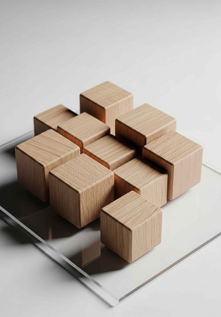 Arrangement of light brown wooden cubes on a reflective glass plate, minimalist style