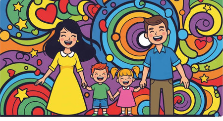 Happy family of four with colorful clothes standing against a lively swirly pattern backgroundの写真素材