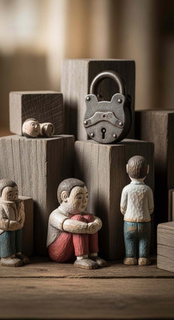 Colorful wooden people and blocks with metal lock and small objects on display