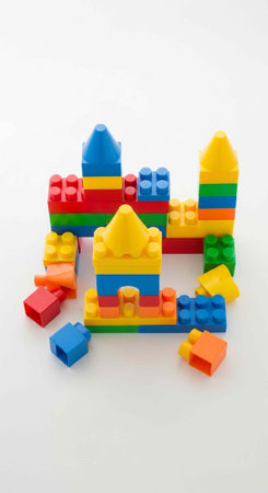 Vibrant plastic blocks in various shapes and colors form castle-like structures and scattered pieces