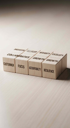 A set of wooden blocks with motivational words like customer, focus, and resilience on a light backgroundの写真素材