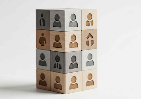 Stacked wooden blocks featuring human figures and house icons in various colors