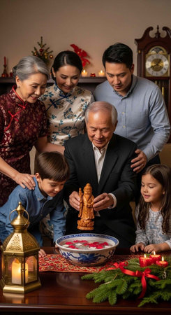 Elderly man surrounded by family holding traditional food in a warmly lit room with festive...