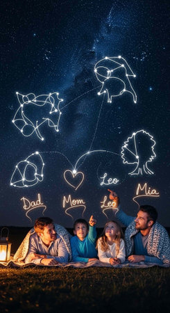 Family of four lying on grass, gazing at starry night sky with constellations and personalized names
