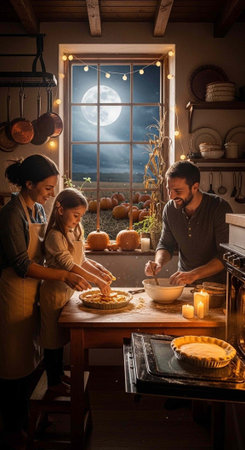 Family of three baking pies in warm kitchen with candles, oven, and autumnal decorations outside