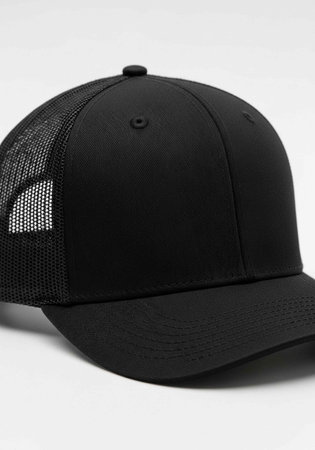 Close-up of a black baseball cap with mesh back and curved brim on white background