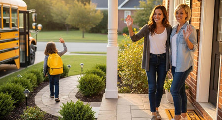 Two women waving to a young girl with a yellow backpack as she boards a school bus