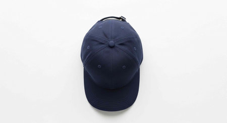 A navy blue baseball cap with an adjustable strap on a plain white background
