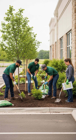 Group of four planting trees and shrubs with shovels and green bags outside a building.