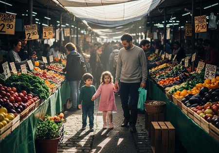 A man walks with two children through a vibrant market filled with colorful fruits and vegetables