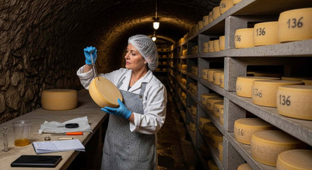 Female cheesemaker in hairnet and gloves examining cheese wheel in dimly lit storage room